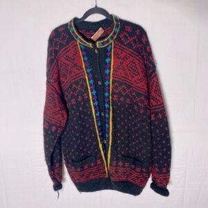 Vintage Namaste Woolens Handmade Wool Jacquard Knit Crew Neck Button Cardigan XL